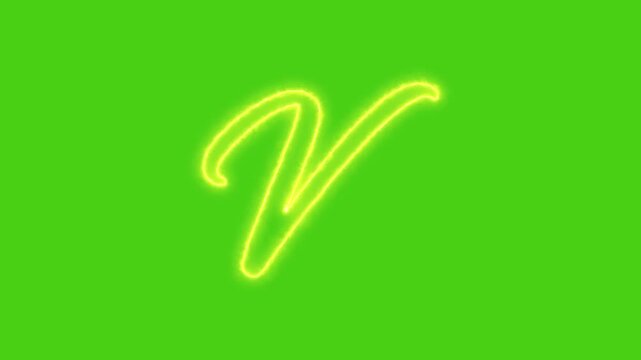 Glowing yellow neon letter v draws itself with smooth luminous strokes on a bright green background, ideal for chroma key compositing, animated alphabet sequences .