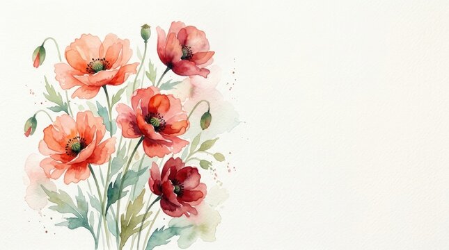 A watercolor painting depicts a cluster of vibrant red poppies against a white background. The flowers are in full bloom, showcasing their delicate petals and dark centers.