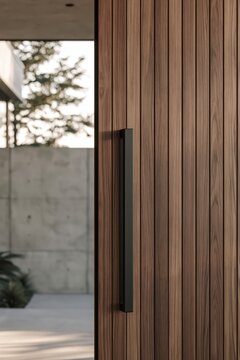 Matte black steel door handle on warm walnut wood cladding of a modern luxury house with a blurred concrete wall in the background