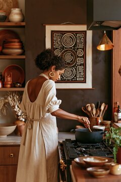 A woman in cream dress cooking in a warm rustic afro boho kitchen with framed geometric wall art