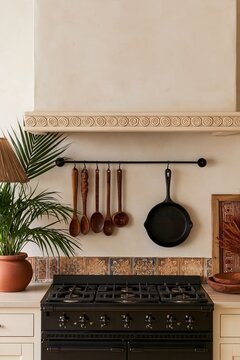 Matte black range beneath plaster hood with wooden spoons, skillet, plants, and patterned tile in afro boho kitchen