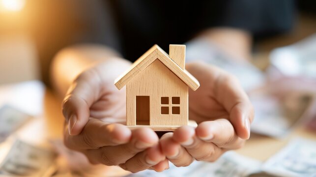 Wooden house model held in cupped hands representing home protection and insurance