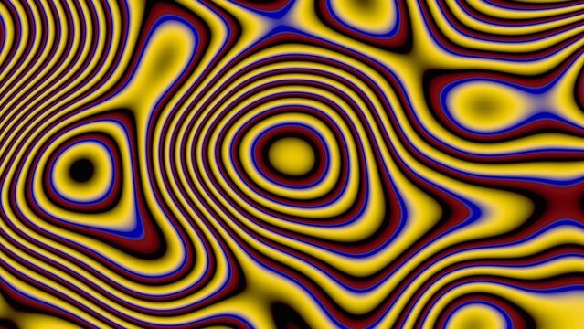 Vibrant psychedelic FBM wave pattern with concentric rings in bright yellow, deep blue, red, and black. Ideal for abstract backgrounds and digital art.