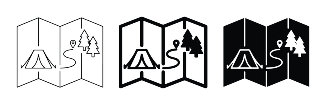 Camping map icons set with tent, trees, and route for travel and adventure