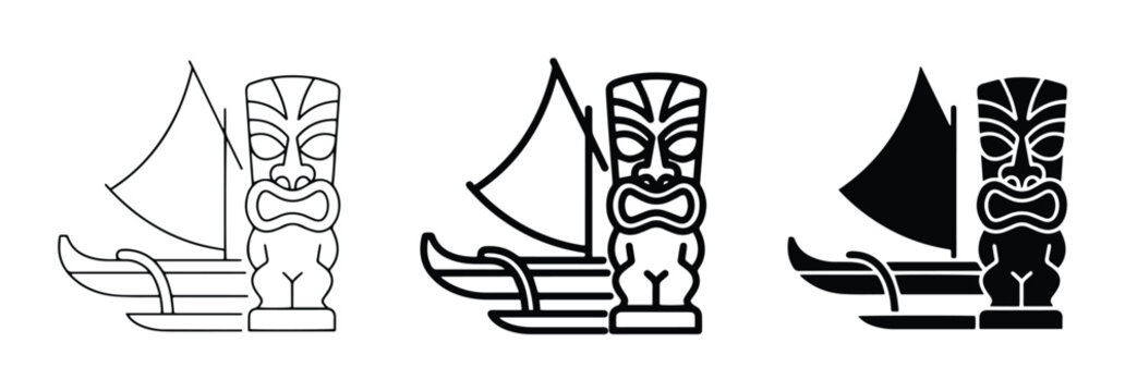 Tiki statue and outrigger canoe with sail set, Polynesian culture and travel icons