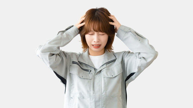 頭を抱えて悩む作業服を着た女性