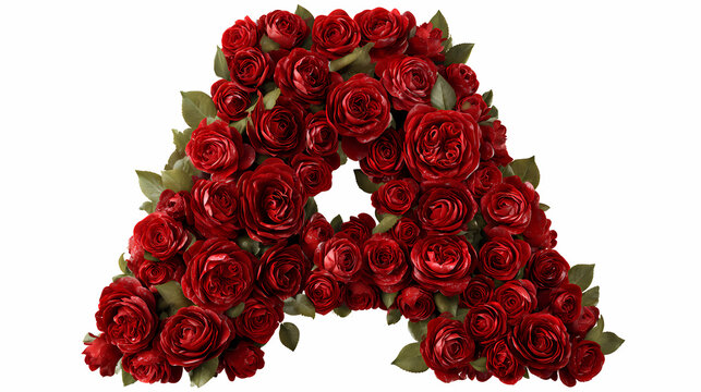 Letter A shaped creative botanical typography designed with vibrant red roses and green leaves on a plain background.