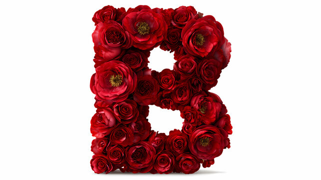 Letter B shaped decorative typography made completely from vibrant dark red roses isolated on a clean transparent background.