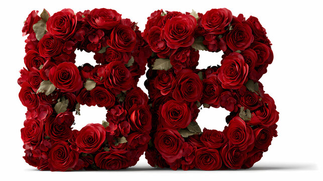 Letters BB crafted from rich red roses and lush green leaves arranged neatly on a solid transparent background ground.