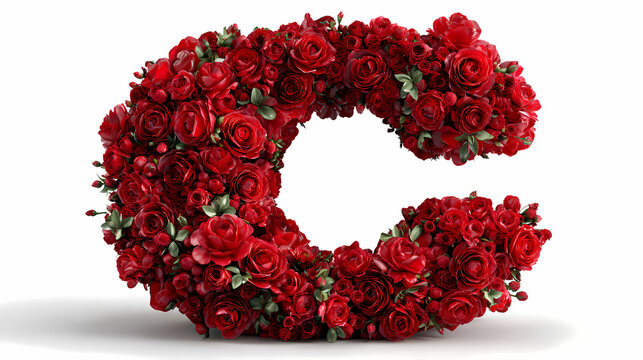 Alphabet letter C made of detailed red roses and green foliage stands upright against a plain backdrop.