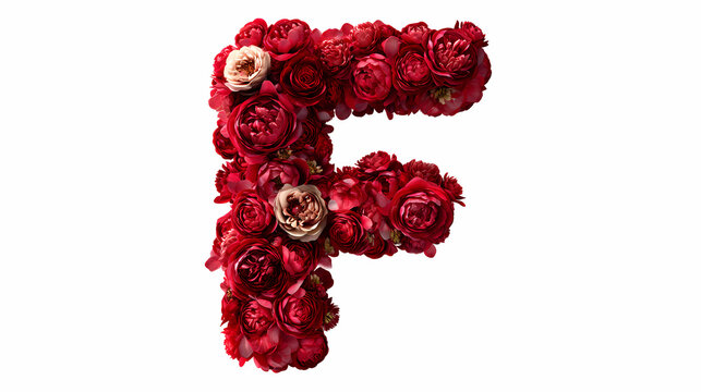 Letter F constructed meticulously from vibrant red roses and soft pink petals on a clean backdrop.