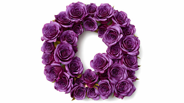 Letter o shaped decorative typography arrangement made entirely from vibrant purple roses and green foliage isolated against a clean transparent studio background.