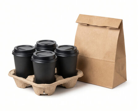 Coffee cups in a cardboard tray next to a brown paper bag for takeout