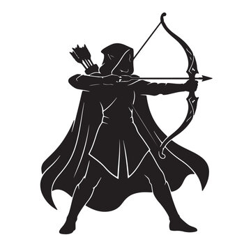 Black and white silhouette of a hooded elven archer or ranger aiming a longbow with an arrow nocked, wearing a cloak and quiver, isolated on a white background for fantasy design.