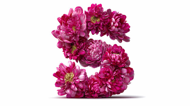 Letter S is constructed entirely from bright magenta chrysanthemums and petals, presented as an isolated typography element against a plain transparent background.