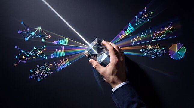 High-end photorealistic conceptual image of a businessman's hand holding a crystal prism that transforms a beam of white light into vibrant digital data visualizations, charts, and networks.