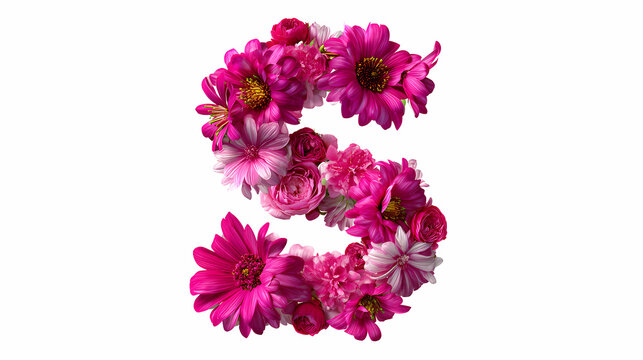 Letter S meticulously crafted using various shades of pink and magenta flowers showcasing a delicate floral design for typography projects.
