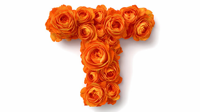 Letter T shaped beautifully by bright orange ranunculus blossoms tightly clustered together on a stark white isolated background surface.
