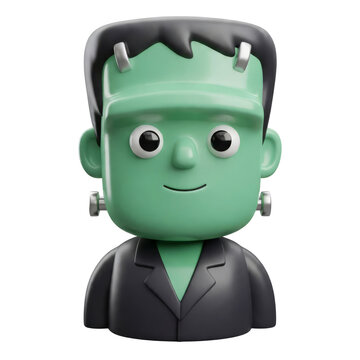 3D Cute Frankenstein Monster Character Icon isolated on a transparent background, Halloween Spooky Creature Asset