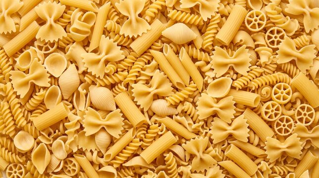 Assorted uncooked pasta shapes filling the frame in a dry food texture. Italian cuisine ingredient. Cooking staple and meal preparation. Vegetarian food, pantry supply, culinary background.