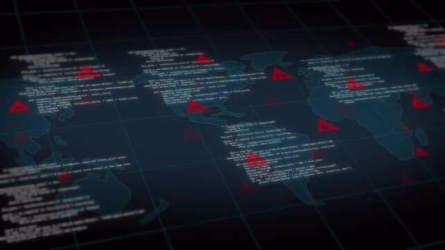 World map warning data theft global, computer hacking and coding, cybersecurity location danger notifications cyberspace sign and digital network data threat