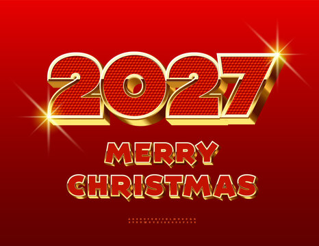 Vector awesome Greeting Card Merry Christmas 2027! Elite Red and Golden 3D Font. Exclusive set of Premium Alphabet Letters and Numbers.