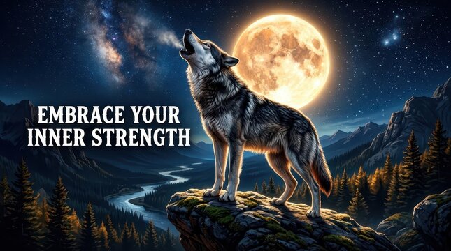 Majestic wolf howling at the full moon in a dramatic mountain landscape, symbolizing inner strength