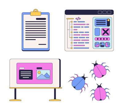 Software development and debugging 2D cartoon clip art set. Computer bugs. Document clipboard. Presentation board. Source code interface isolated flat vector elements on white. Spot illustration pack