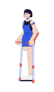 Asian woman with leg amputation using forearm crutches 2D cartoon character. Disabled female patient with mobility support equipment flat vector person isolated on white. Colorful spot illustration