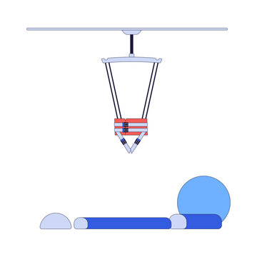 Ceiling mounted rehabilitation suspension system 2D cartoon clip art. Harness with therapy mat and exercise ball. Movement equipment isolated flat vector element on white background. Spot illustration