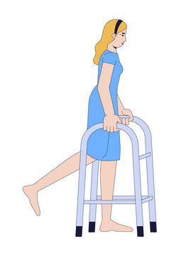 Woman performing leg rehabilitation with walking frame 2D cartoon character. Female patient improving lower limb strength with walker flat vector person isolated on white. Colorful spot illustration