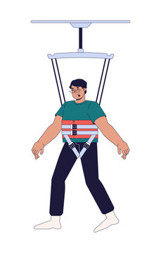 Man wearing body support harness attached to overhead suspension system 2D cartoon character. Gait rehabilitation. Patient practicing assisted balance flat vector person isolated. Spot illustration