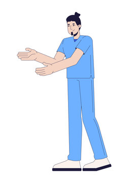 Male physiotherapist in blue scrubs with supporting gesture 2D cartoon character. Friendly healthcare worker offering guidance. Physical therapist assisting flat vector person. Spot illustration