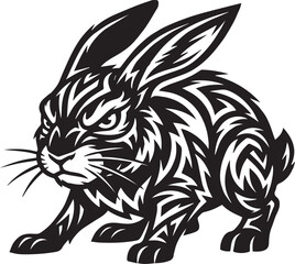 A black and white vector illustration depicts a rabbit covered in tribal style markings hare leporid mammal animal wildlife tattoo ornament design graphic artwork blackwork © Rajib Hasan