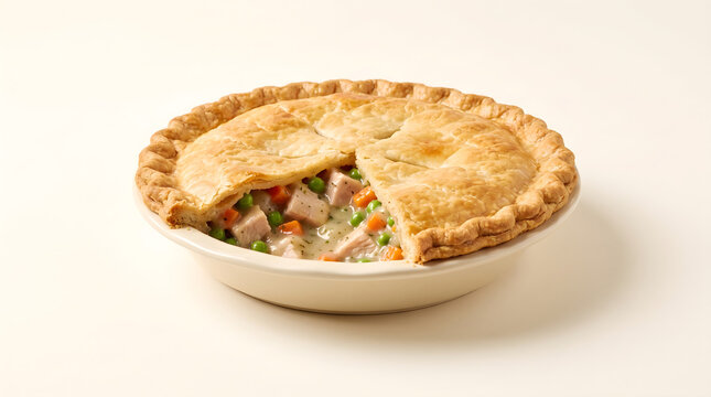 Freshly baked homemade turkey pot pie in a white ceramic baking dish with a golden flaky puff pastry crust top.