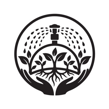 Silhouette illustration of an irrigation sprinkler watering saplings with visible roots, cradled by hands in a circle, representing sustainable agriculture and water management.