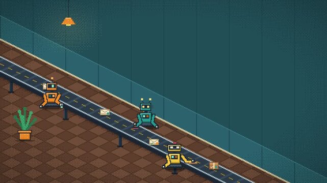 Pixel art robots processing mail and parcels on a conveyor belt