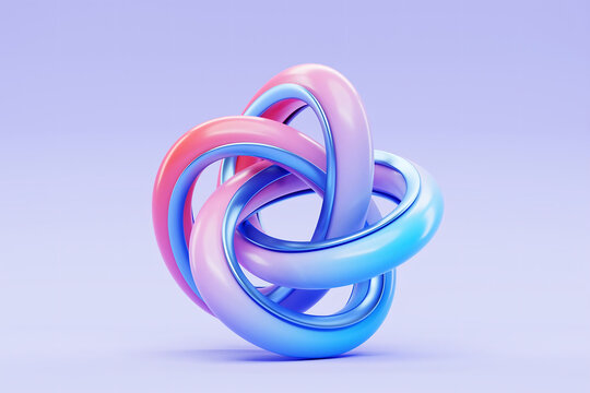 Abstract three dimensional knot shape with iridescent pastel colors on a soft purple surface