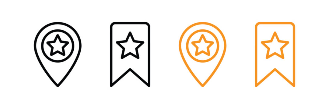 Location pin and bookmark line icon set with star symbol for favorite place and saved items