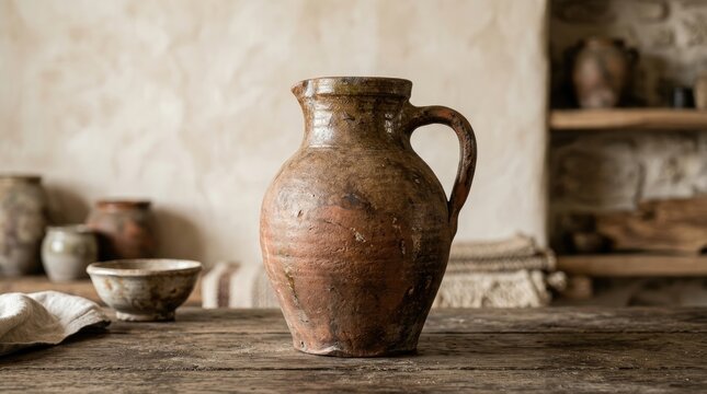 An aged, earthenware pitcher rests on a weathered wooden table. The pitcher has a rustic, textured surface with a reddish-brown hue.