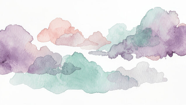 Soft watercolor pigment clouds dissolving into white paper, pale lilac, mint and blush tones, delicate organic diffusion, lots of white space, no text