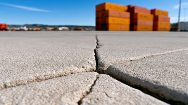 Concrete pavement crack with stacked cargo container in sunny industrial terminal, close view highlighting surface stress, rough texture, and structural wear under clear blue sky