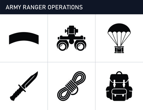 Army ranger operations icons set with equipment and gear for military missions, logo and signage