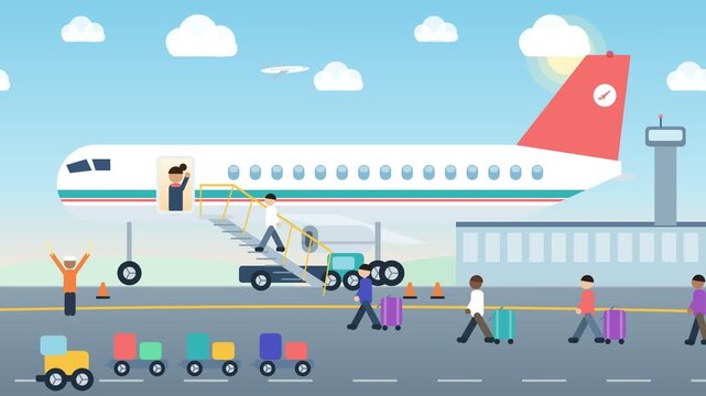 Animated Passengers Boarding Airplane at Airport Tarmac