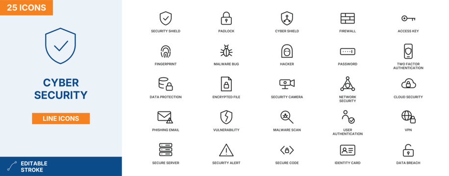 Cyber Security line icons set, editable stroke vector outline icons: security shield, padlock, cyber shield, firewall, access key, fingerprint, malware bug, hacker, password