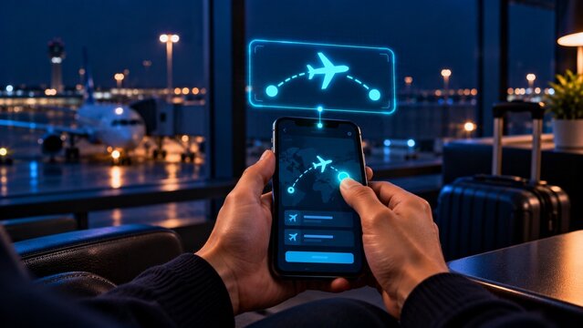 Hands checking flight options on a phone at the airport at night