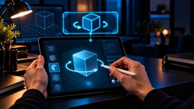 Hands rotating 3D cube model on tablet with stylus