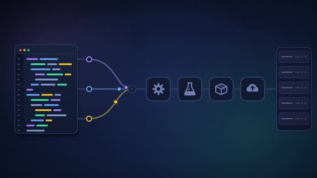Digital infographic displaying automated continuous integration and continuous deployment pipeline stages transferring programmed script into cloud server racks