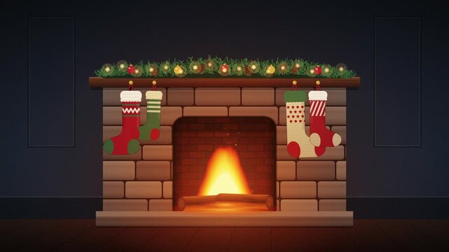 Animated cartoon fireplace with warm flames burning beneath holiday stockings and illuminated pine garland, bringing a cozy festive glow to a dark living room