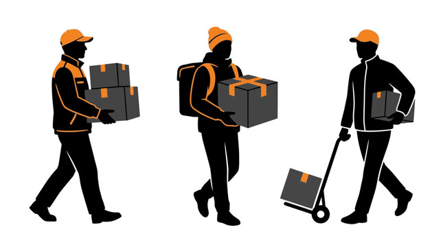 Minimalist courier delivery worker icon set, five silhouettes carrying packages and flatbed cart, vector illustration for logistics and shipping design Vector